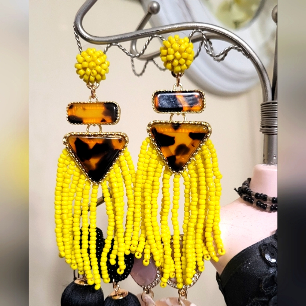 Yellow Beaded Tassel Fringe Statement Earrings with Tortoise Pattern.